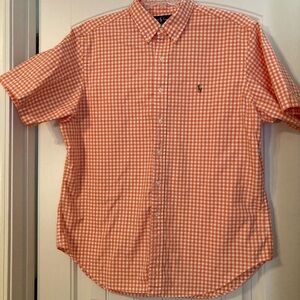 Men’s shirt sleeve orange and white button down polo shirt